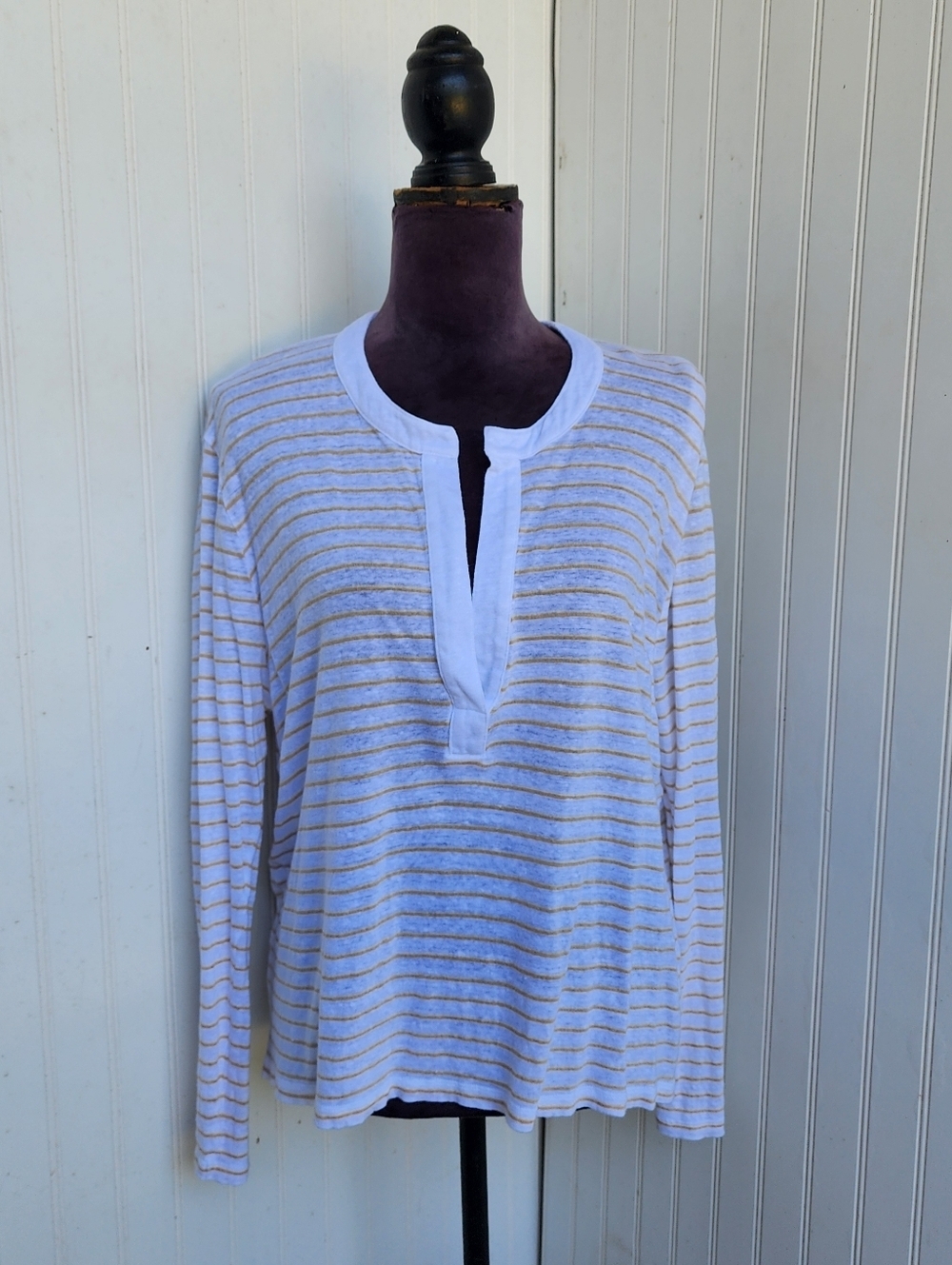 Vineyard Vines Stripe Long Sleeve 100% Linen Womens Blouse Shirt Yellow White XL